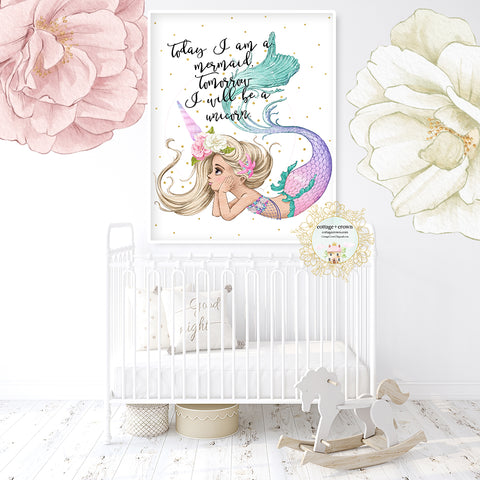 Today I Am A Mermaid Wall Art Print Nursery Bedroom Bathroom Home Office Décor