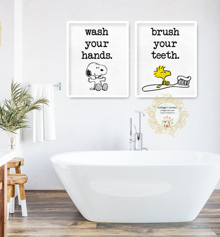 Set 2 Peanuts Snoopy Woodstock Wash Hands Brush Teeth Wall Art Prints - Bathroom Decor