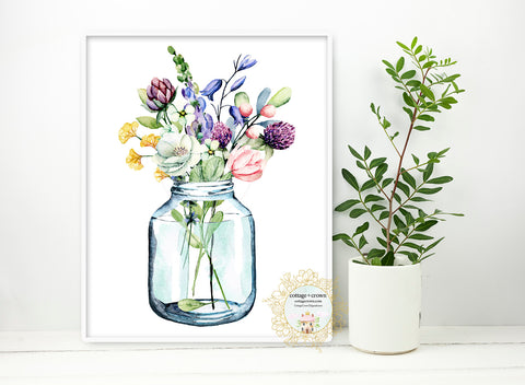 Wildflowers In A Mason Jar Bouquet Farmhouse Floral Watercolor Wall Art Print