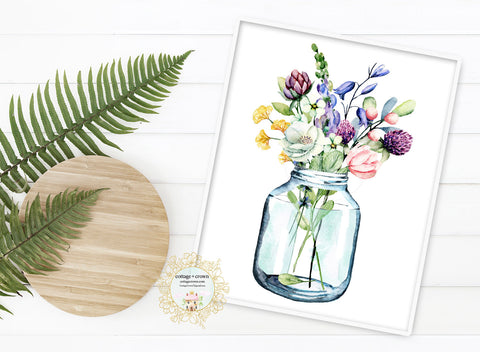 Wildflowers In A Mason Jar Bouquet Farmhouse Floral Watercolor Wall Art Print